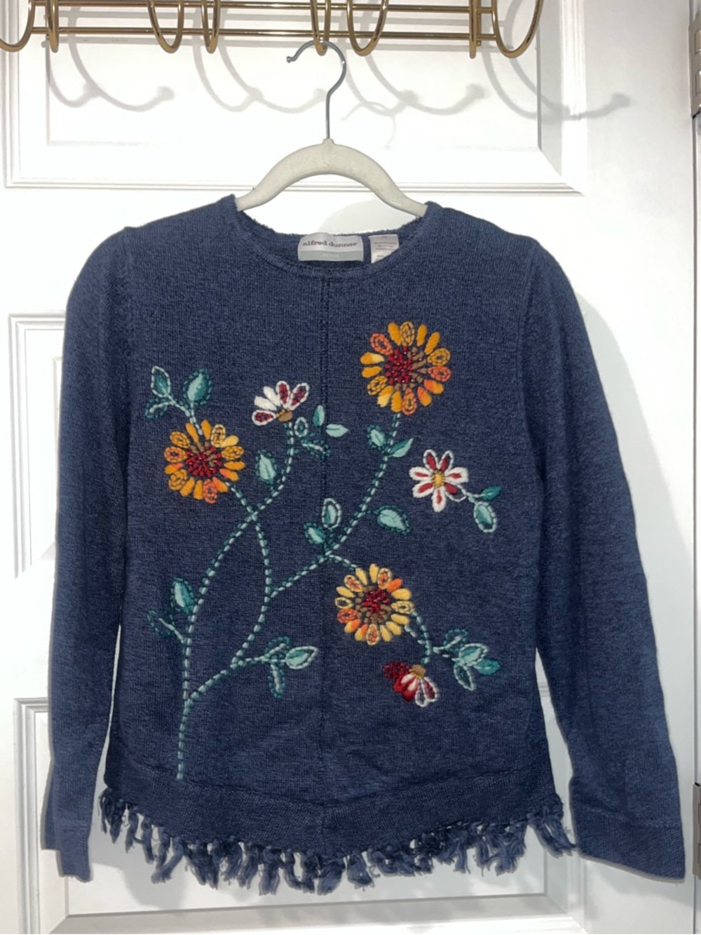 Alfred Dunner Navy Blue Floral Embroidered Fringe Crewneck Sweater